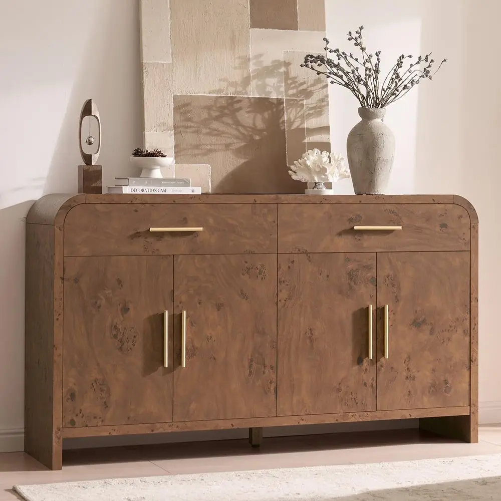 Sideboard Buffet Cabinet with Storage, Curved Sideboard Cabinet Adjustable Shelves, FSCCertified Wooden Board Modern Credenza B