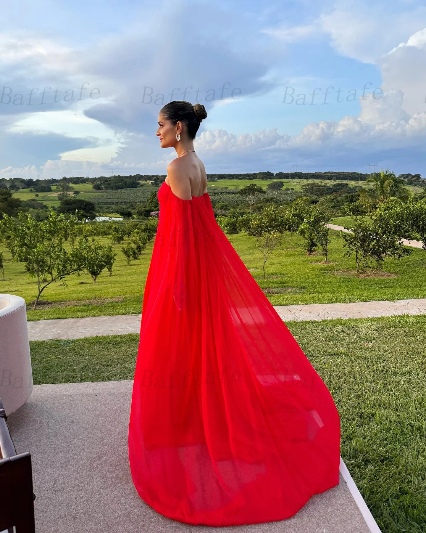 Bafftafe Red Chiffon Formal Prom Dresses Off Shoulder Long Sleeves Special Occasion Event Party Gowns Evening Dress Customized