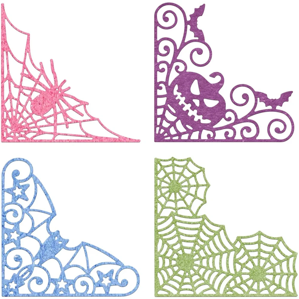 4pcs Halloween Lace Corner Cutting Dies Spider Bat Pumpkin Cobwebs Template Mold for DIY Scrapbook Cards Making Album Decoration