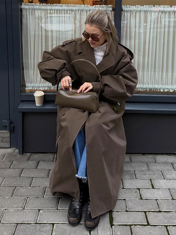 Loose Solid Windbreaker Women Full Sleeve Turn-down Collar Casual Lace Up Female Long Coats 2026 Autumn Winter Lady Outwears New