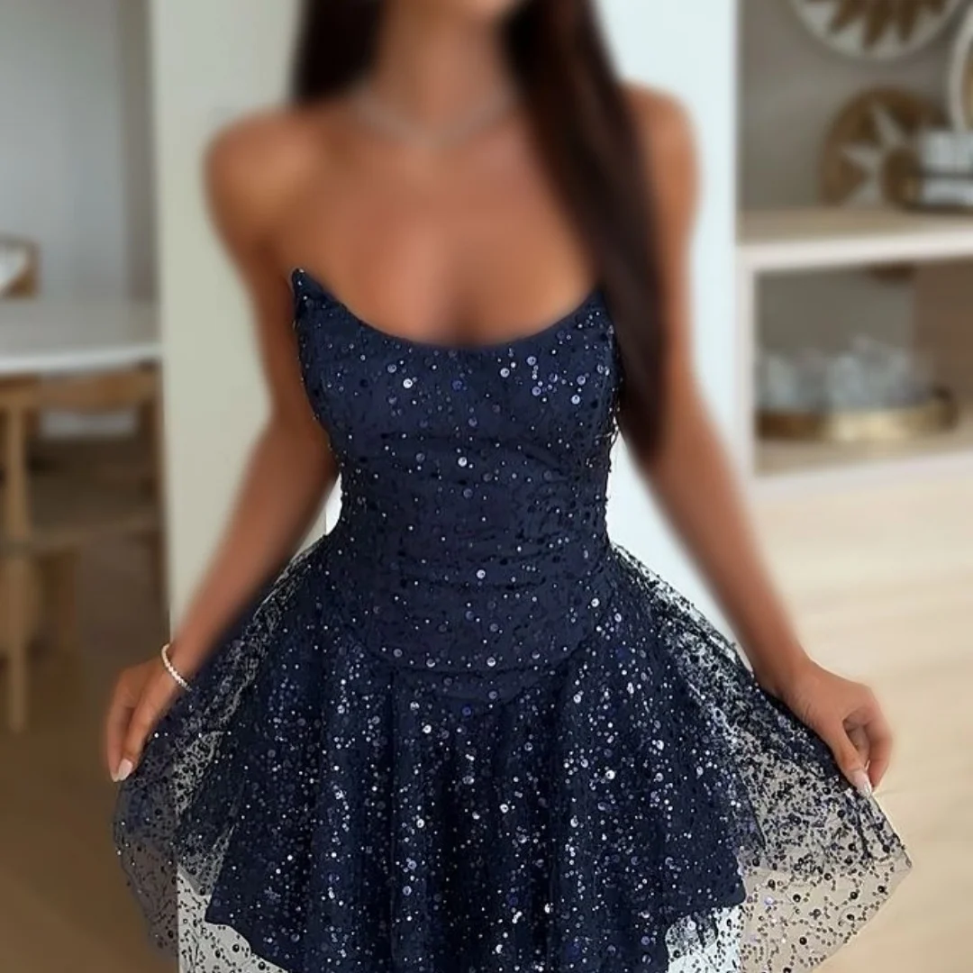 

New Design Sexy Strapless Glittering Sequins Tulle Tiered Charming Fashion Mini Cocktail Prom Formal Party Dress