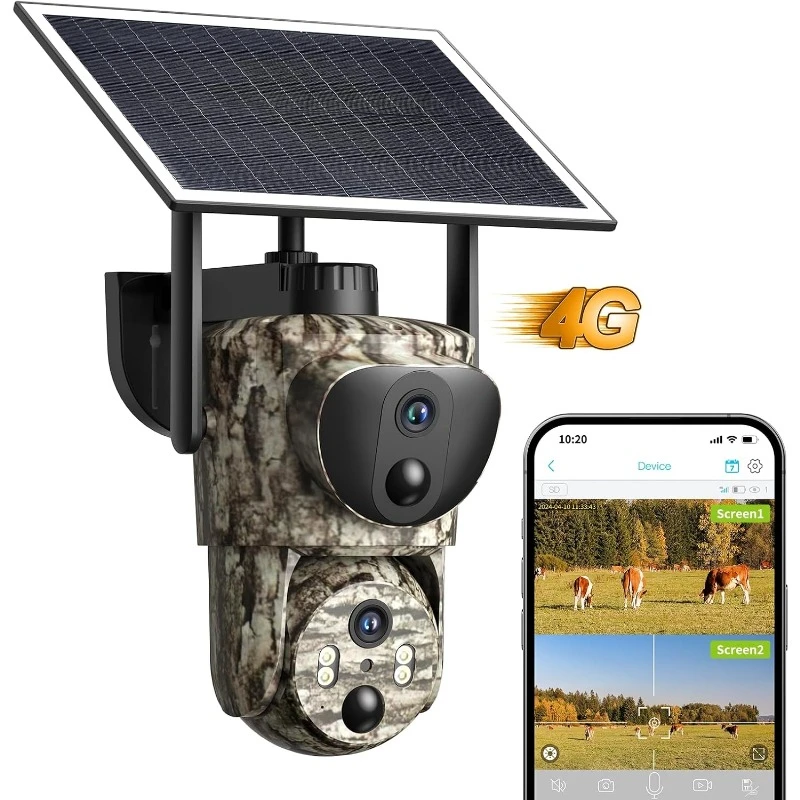 4G LTE Cellular Trail Cameras, Dual Lens Security Camera Built-in SIM Card, 2K 360°View Live Video Game Camera