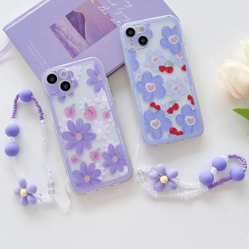 Cherry Peach Flowers Chain Rope Soft Phone Case For Xiaomi Mi 12 11T 10T 9T 11 Lite 11i Poco X3 NFC F3 M4 M3 Pro Lanyard Cover