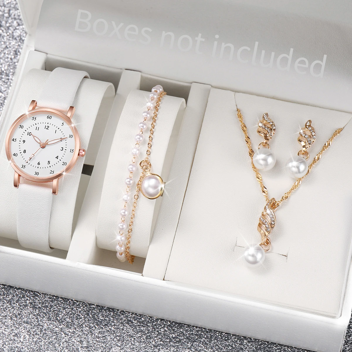 4PCS/Set Fashion Women Watches Pearls Jewelry Set Female Small Arabic Dial Leather Band Quartz Watch Clock（Without Box）