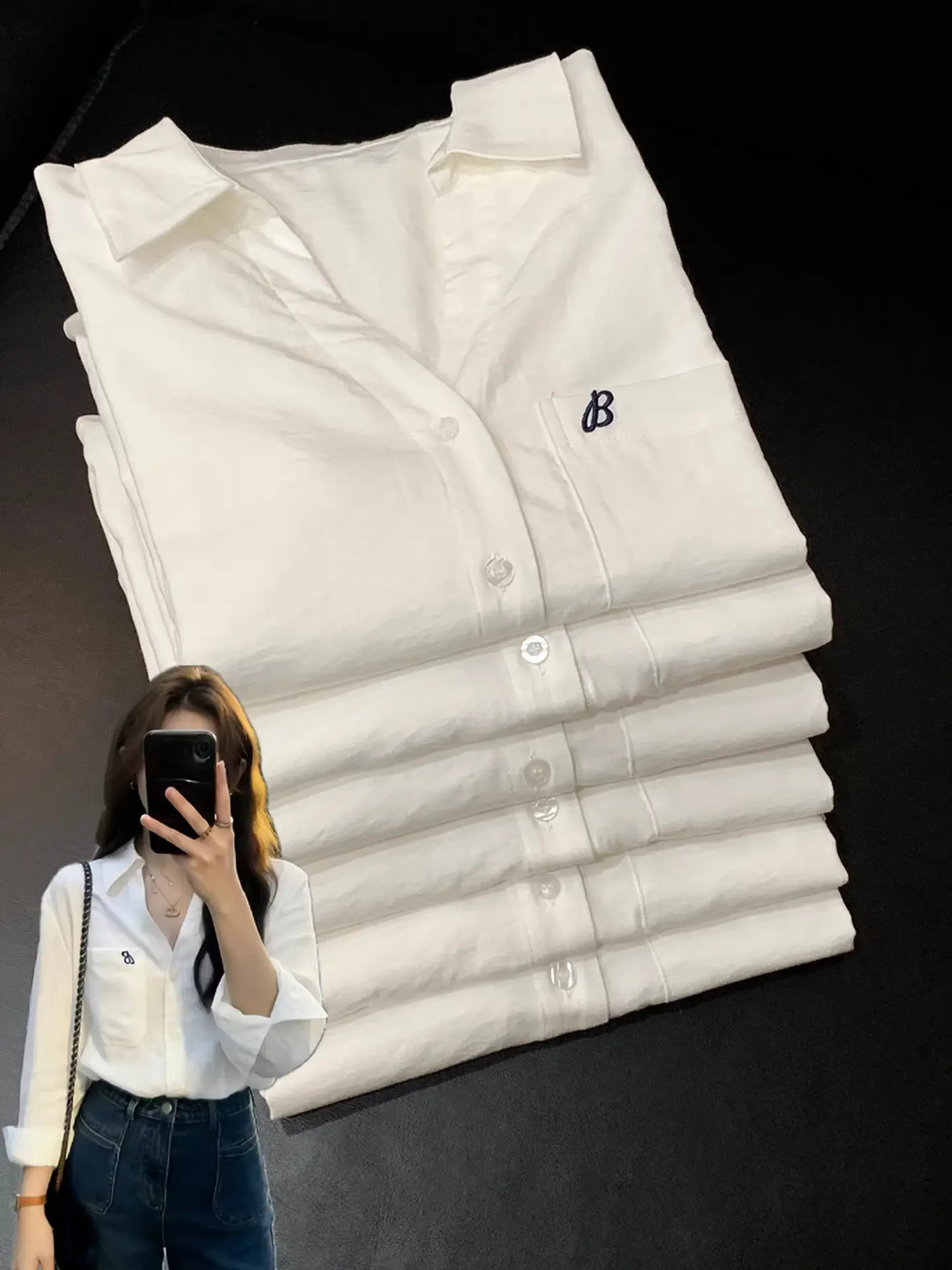 White Cotton Linen Shirt Women Early Spring Casual Shoulder  Neck Long Sleeve Top Embroidered Pocket Breathable Sunscreen