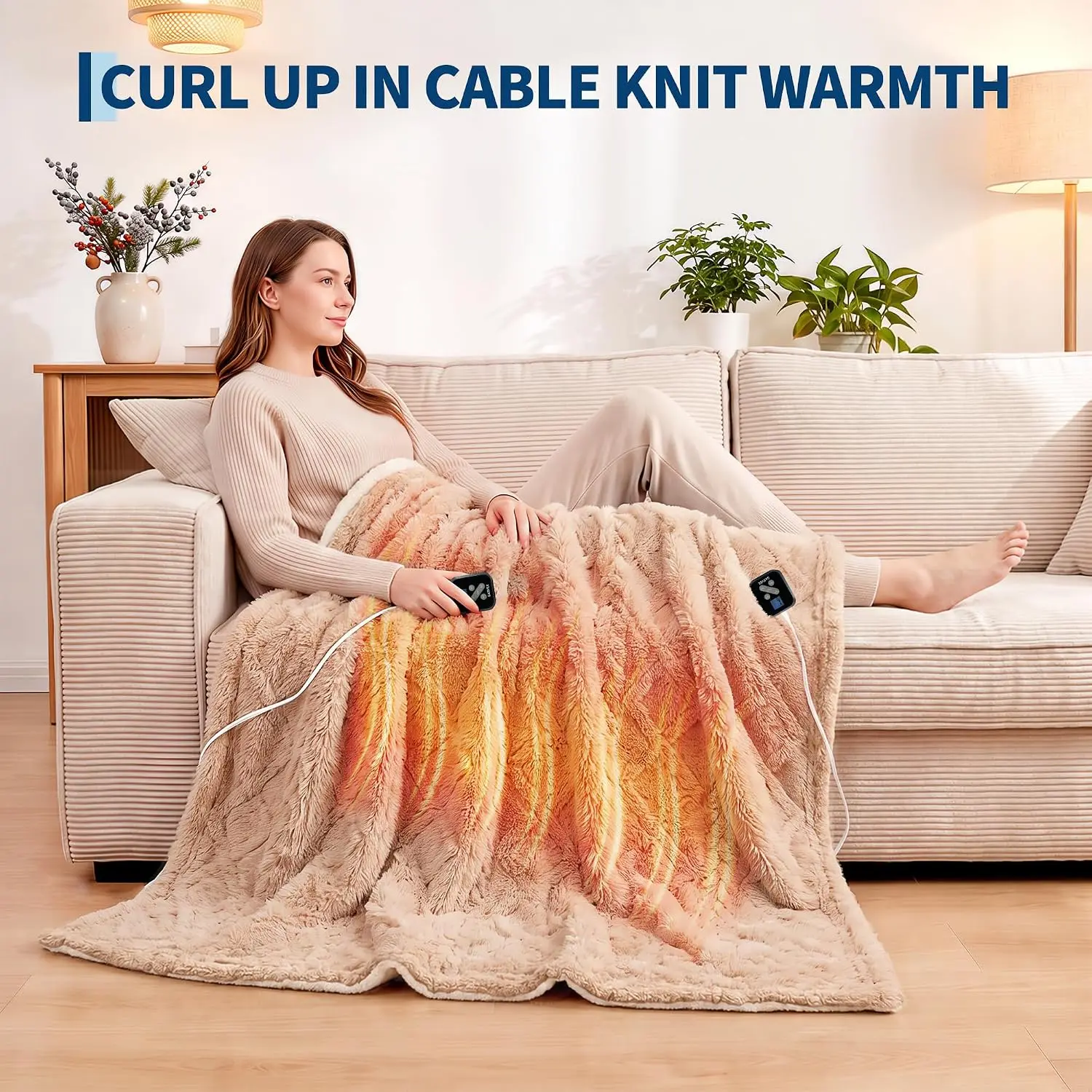 Khaki Beige Heated Blanket, Cable Knit Electric Blanket for Bed and Couch, One-Touch Preheat, Milk Velvet Jacquard Soft Warm Throw