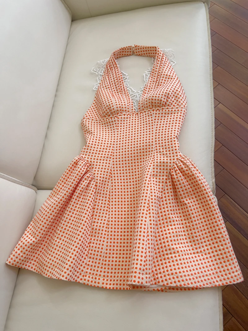 

Retro Hong Kong Sle ort Orange Polka Dot Lace Paneling Waist Cinch Small Size Dr Sexy Girl High Waist A-Line Skirt
