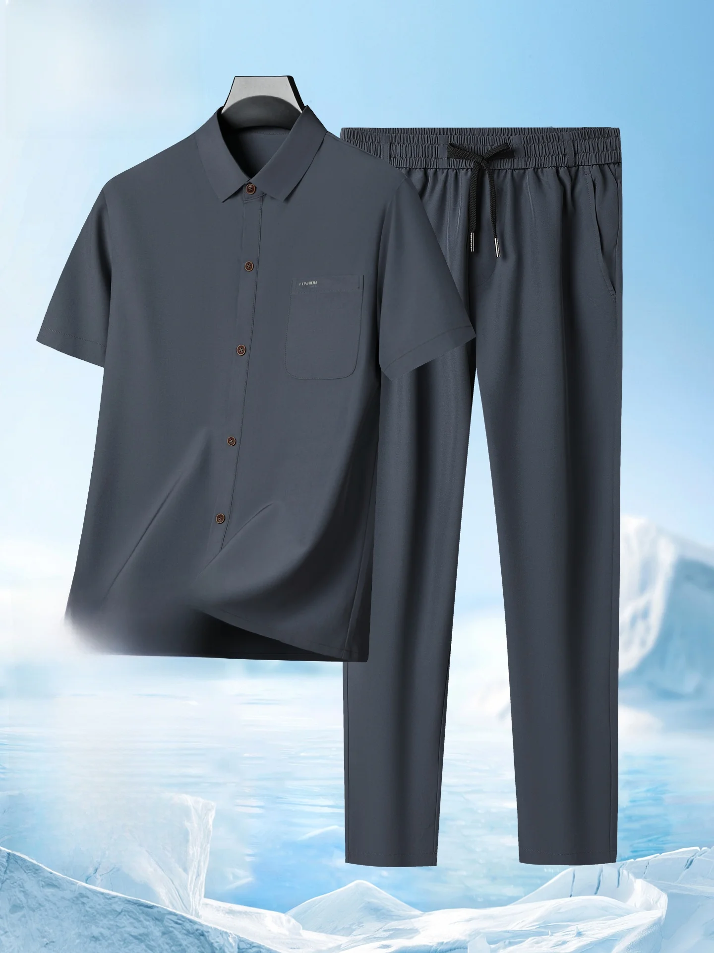 Conjunto Masculino TUCANO de Camisa de Manga Curta e Calça Longa em Seda Gelada - Sensação Fresca, Duas Peças, Roupa Esportiva Casual para o Verão 2026