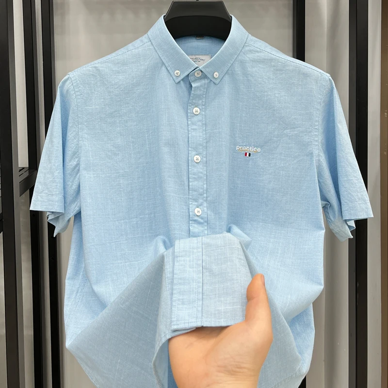 100%Cotton High Grade Men's Shirts Lapel Embroid Plaid European Trend Fashion Casual Versatile Shirt Summer New Trend Menswear