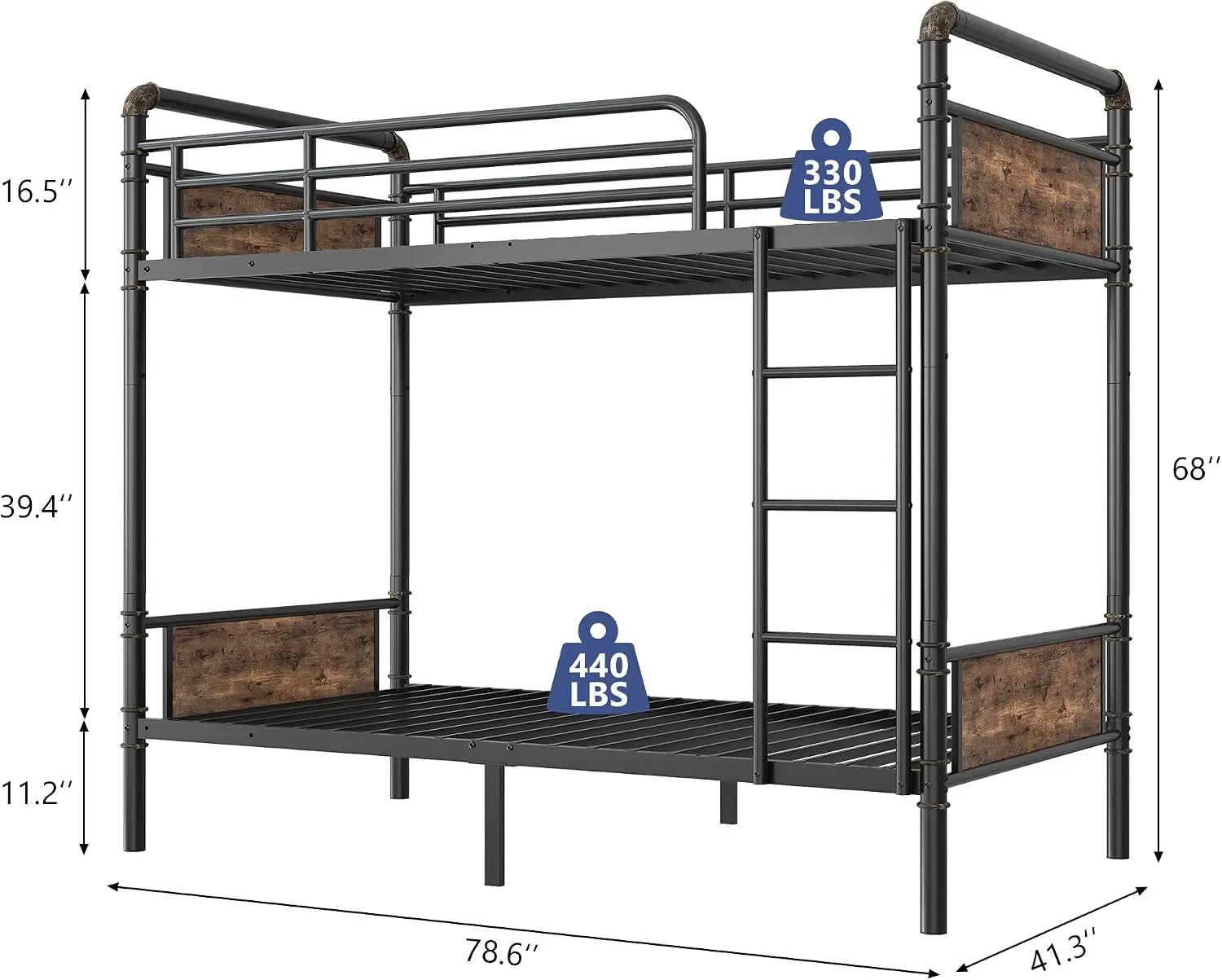 Twin Over Twin Metal Bunk Bed Industrial Heavy Duty Steel Frame Safety Guard Rails Space Saving Vintage Brown Bedroom School Fur