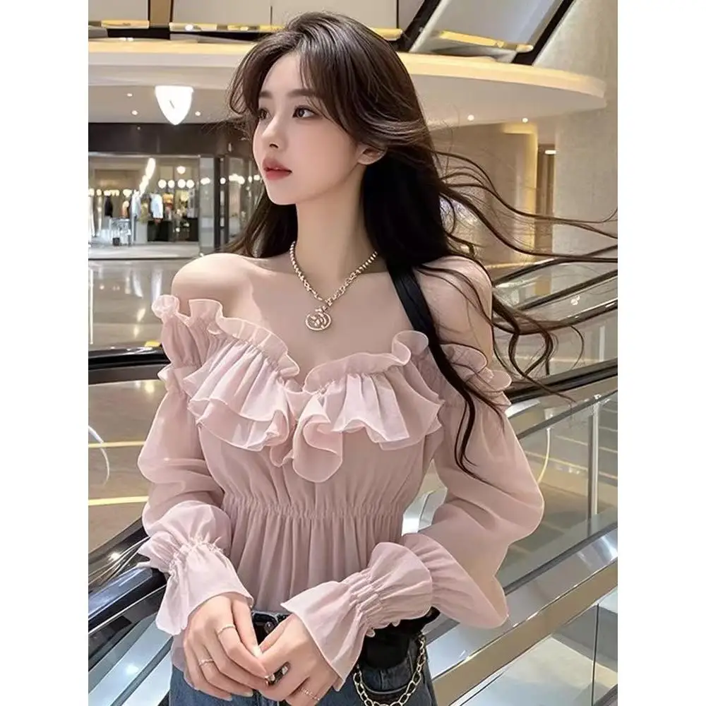 

Pink Lace Short Shirt Women's Sexy Pleated Shoulder French Style Fashionable Autumn New Arrival Polyester Long Sleeve Top