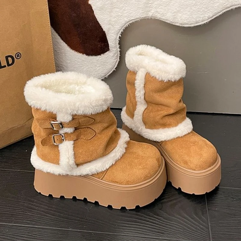 Platform Women's Snow Boots Fur Flats Warm Cotton Shoes Fashion Winter Ankle Boots 2025 New Trend Sport Casual Boots De Mujer