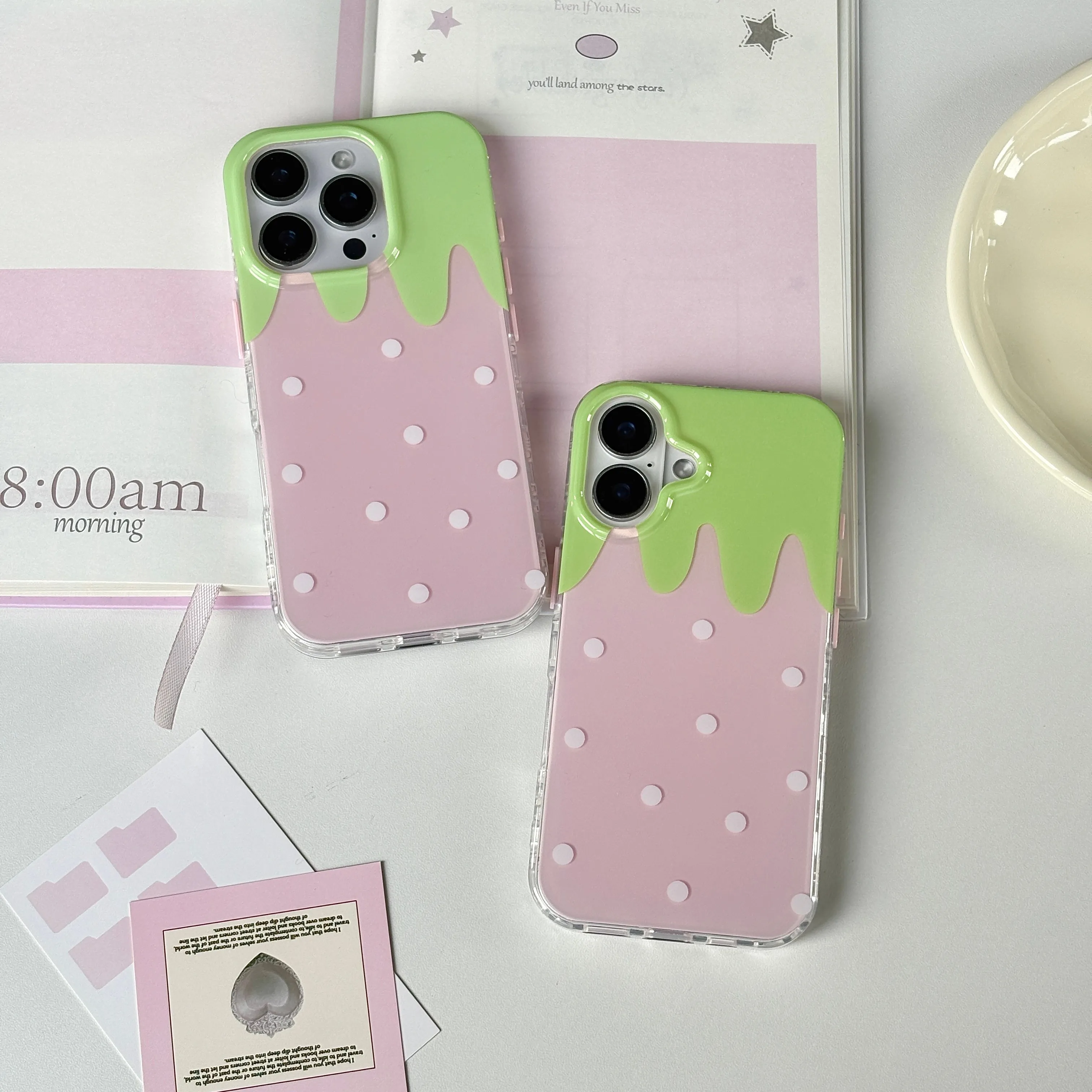 Korean Pink Cute Strawberry Polka Dot Phone Case for Samsung Galaxy S25 S24 S23 S22 S21 Ultra Plus 4G 5G Feather Texture Cover - náhled 2