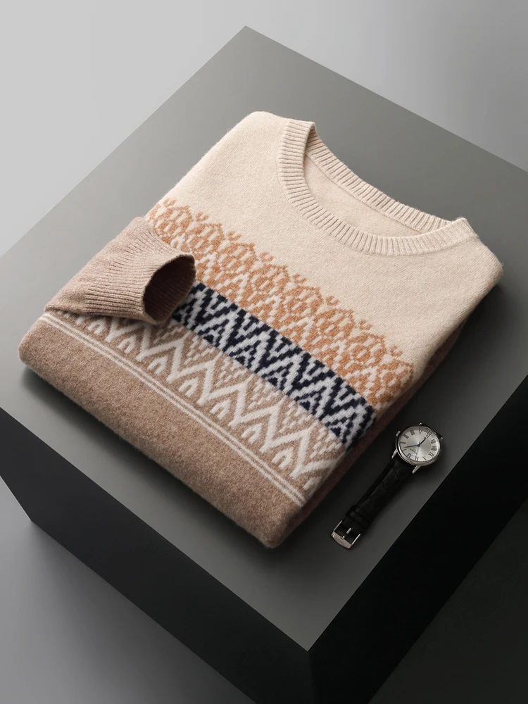Autumn Winter Men O-neck Wool Pullovers Fair Isle Sweater Casual Vintage Christmas style Cashmere 100% Merino Wool Knitwear Tops