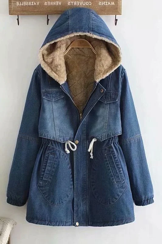 

Winter Denim Jacket Women Fleece Lined Thick Warm Hooded Cotton Coat Korean Style Mid Length Slim Fit Casual Outerwear 2025