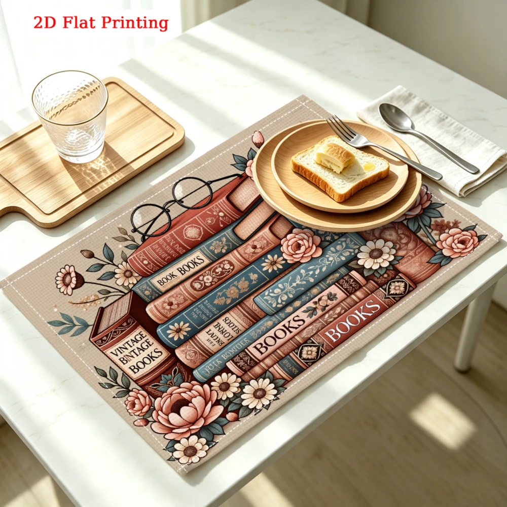 Vintage Books Stack Kitchen Placemat Vintage Books Stack Linen Pad Dish Coffee Cup Table Mat 1PC 30x40cm