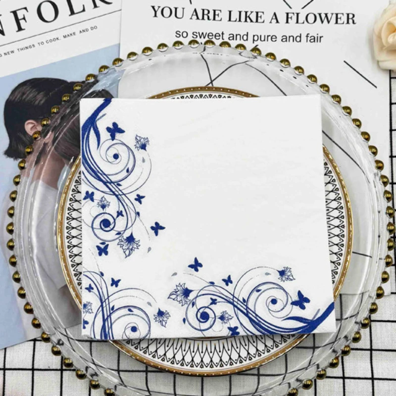 

10/20pcs/P Blue Country Style Butterfly Floral Print Napkins Folded Square Paper Party Paper Placemats Butterfly Bone Bart Paper