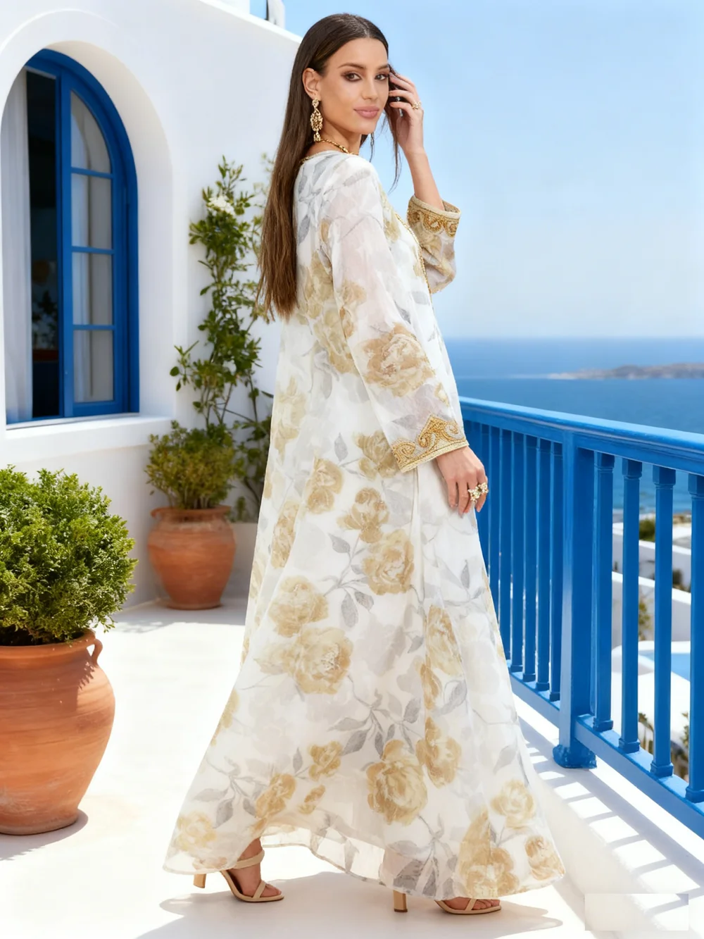 

Мусульманское женское платье Абая с принтом из бисера, Дубай, Турция, Джалабия, кафтан, кафтан, марокканский женский аббай, исламский халат, скромная молитва, арабский