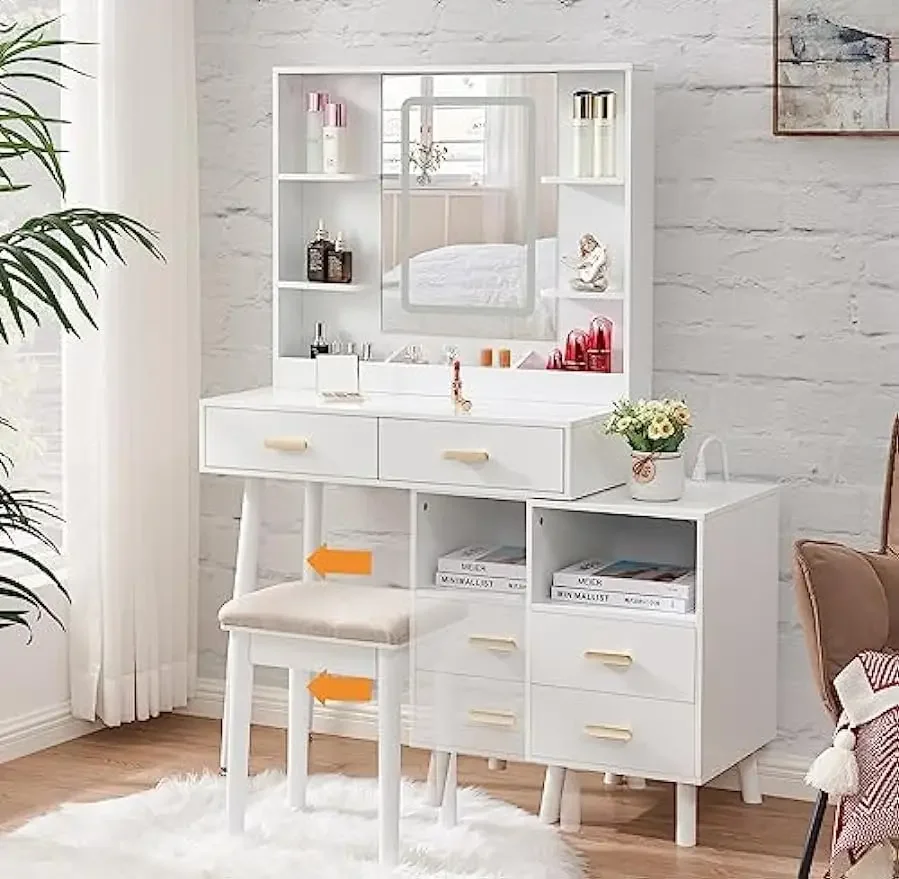 مكتب فانيتي، فانيتي بيضاء مع قاعدة شحن ومنضدة، مكتب مكياج مع أضواء مع 3 ألوان #5