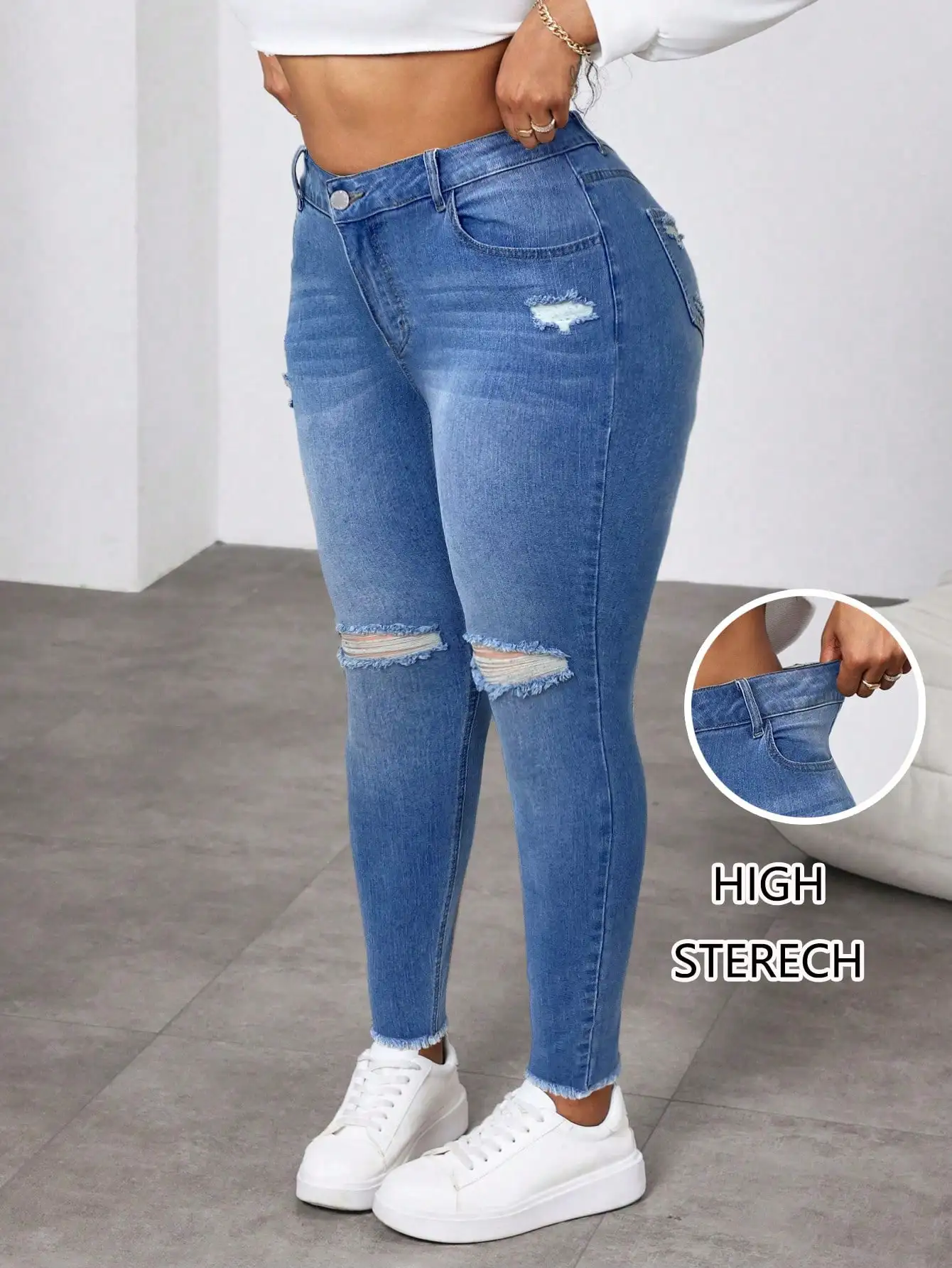 

Джинсы женские стрейч с высокой талией, облегающие, с эффектом потертости, с рваными коленями и бедрами, повседневная летняя одежда