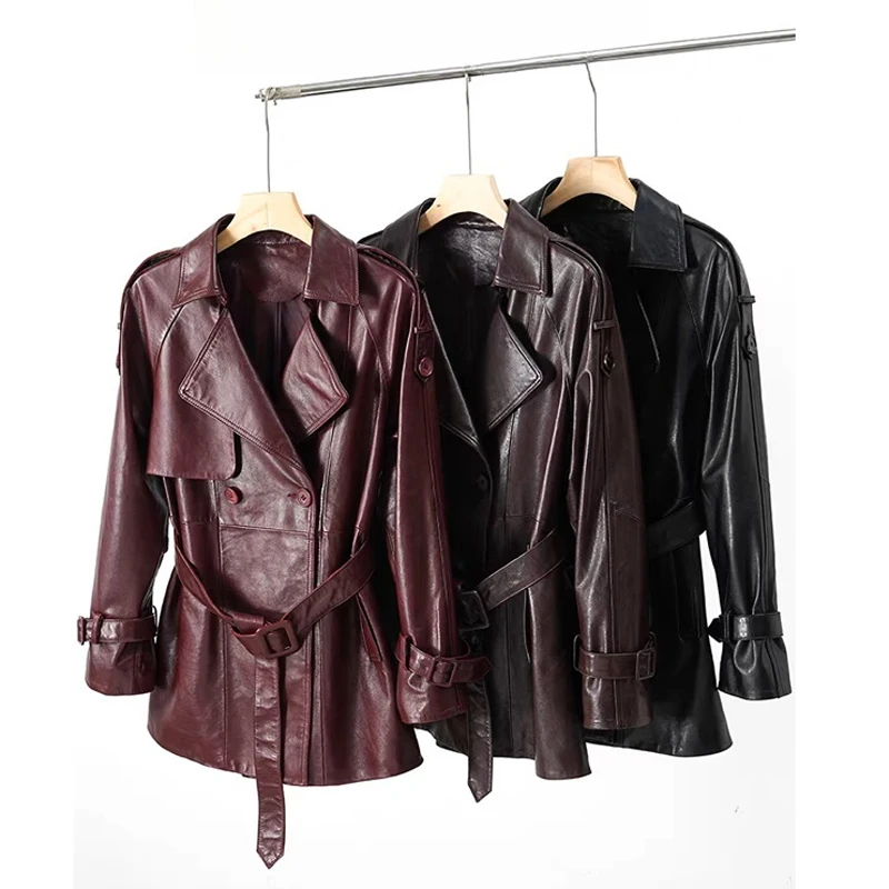 Coupe-vent classique en cuir bordeaux pour femmes, Trench-Coat mi-long en peau de mouton avec ceinture, hiver 2025, 100%