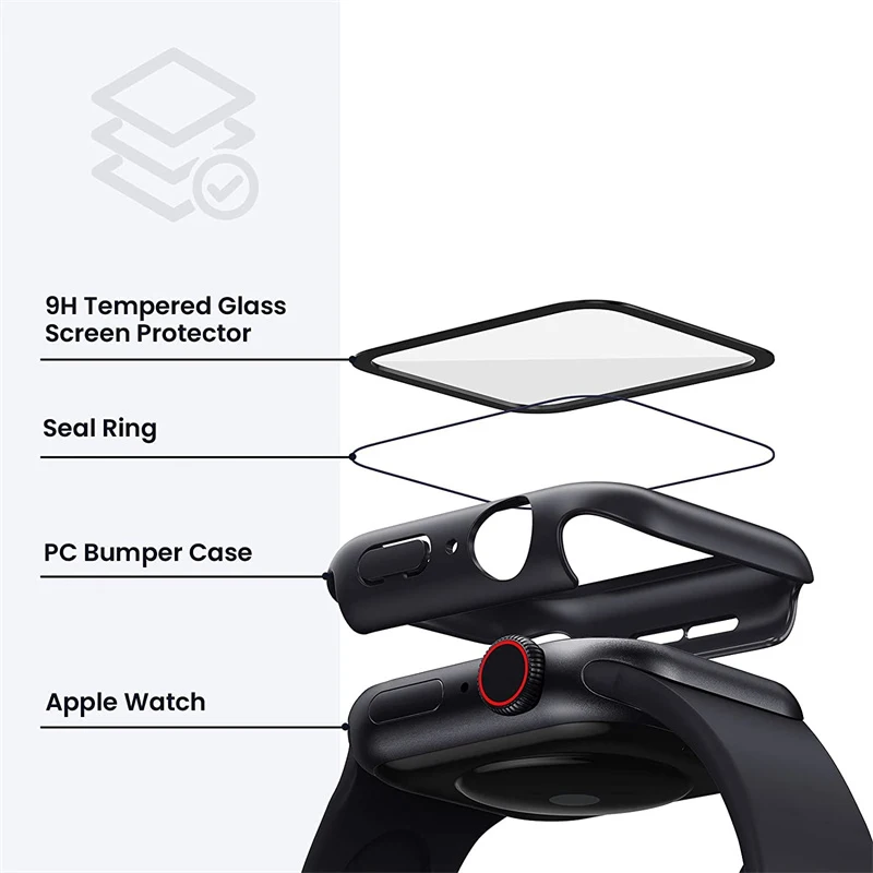 Tampa de vidro temperado para Apple Watch, PC Bumper, Screen Protector Case, 41mm, 45mm, 42mm, 38mm, 44mm, 40mm, iWatch Series 9, 8, 7, 6, 5, 4, SE