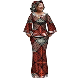 Roupas africanas para mulheres, estampa de ancara, top de manga comprida e saia, conjunto de 2 peças com envoltório de cabeça africano, roupas femininas dashiki wy2372