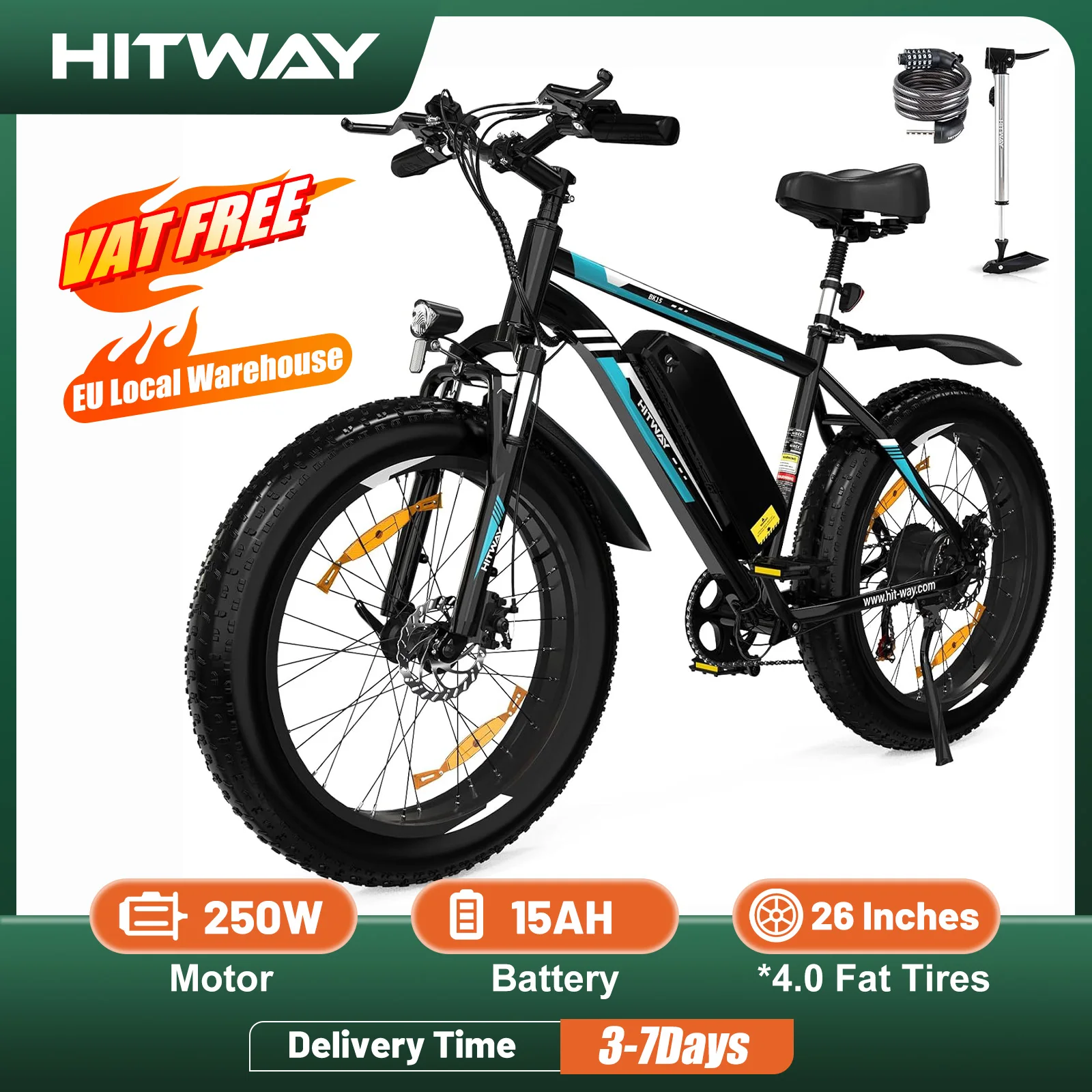 HITWAY Electric bike, 26*4.0 inch electric MTB with removable Lithium battery 48V15Ah city e-bike with 7 speed