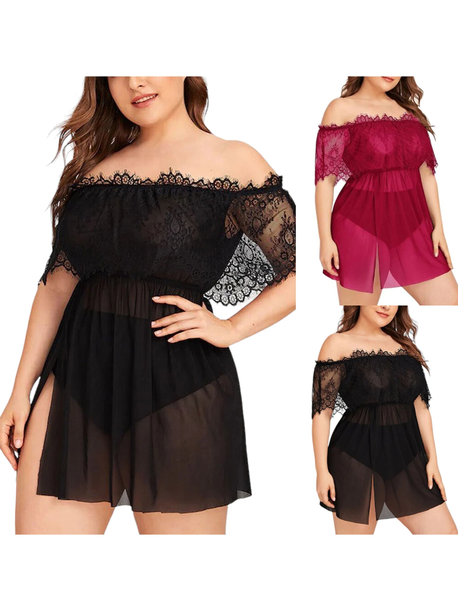 Plus Size Erotic Lingeries Set Women\'s Sheer Mesh See-through Nightdress Babydoll Pajamas Panties Set Fancy Female Nightwears