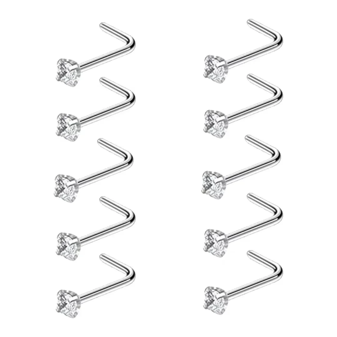 10 Pcs/Lot 1.2/2/2.5/3MM CZ Zircon Nose Studs Stainless Steel Screw I L Shaped Bone for Woman Man Body Piercing Jewelry 20G