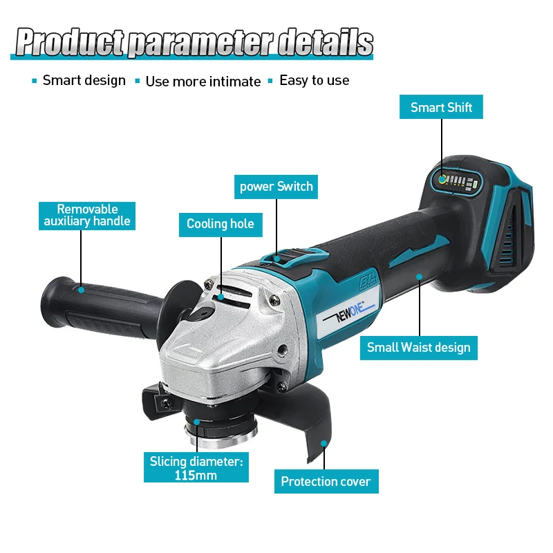 Imagem -03 - Newone Brushless Angle Grinder Máquina de Moagem Corte 115 mm Polimento Elétrico Angle Grinder Ferramenta Elétrica para 18v Makita Batte