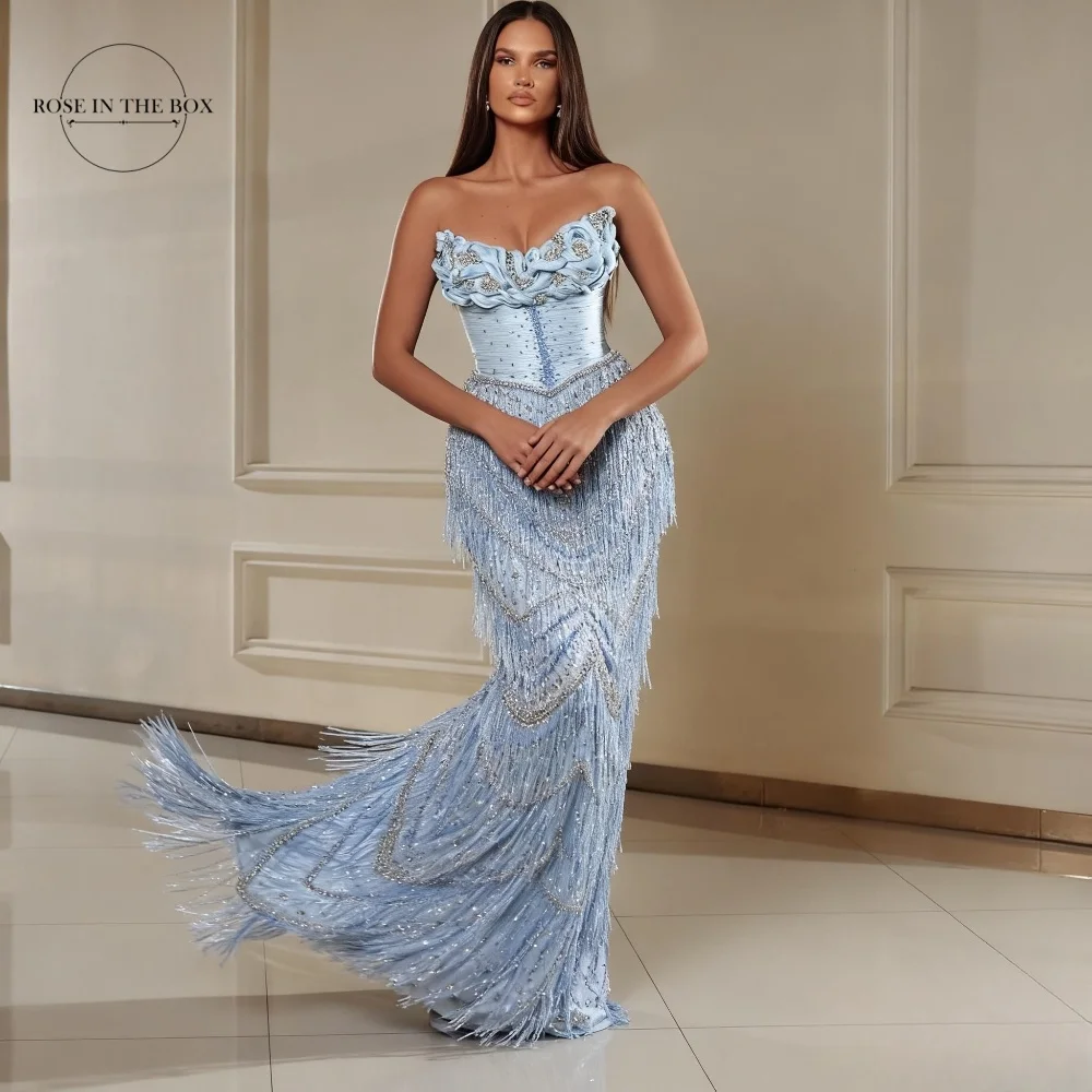 

ROSEINTHEBOX Индивидуальные вечерние платья без бретелек с кружевными кисточками и лифом с открытой спиной فساتين سهره Корсет внутри вечерние платья