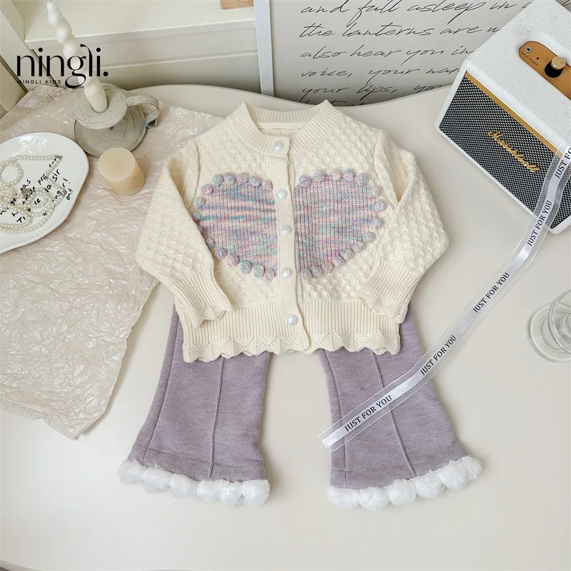 

Girls' Winter Two-Piece Set Korean-Style Fashion Baby Cardigan Knitted Autumn and Winter Sweater Coat Fleece-lined Trousers