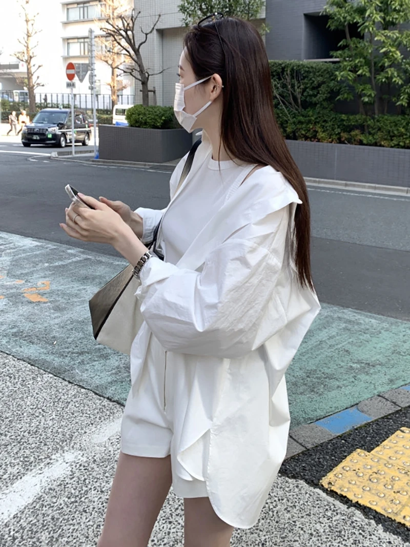 Chique losse damesjurk met lange mouwen, zonbescherming, halflange casual stijl, Koreaanse stijl, effen kleur, knoopsluiting, lantaarnmouwen...