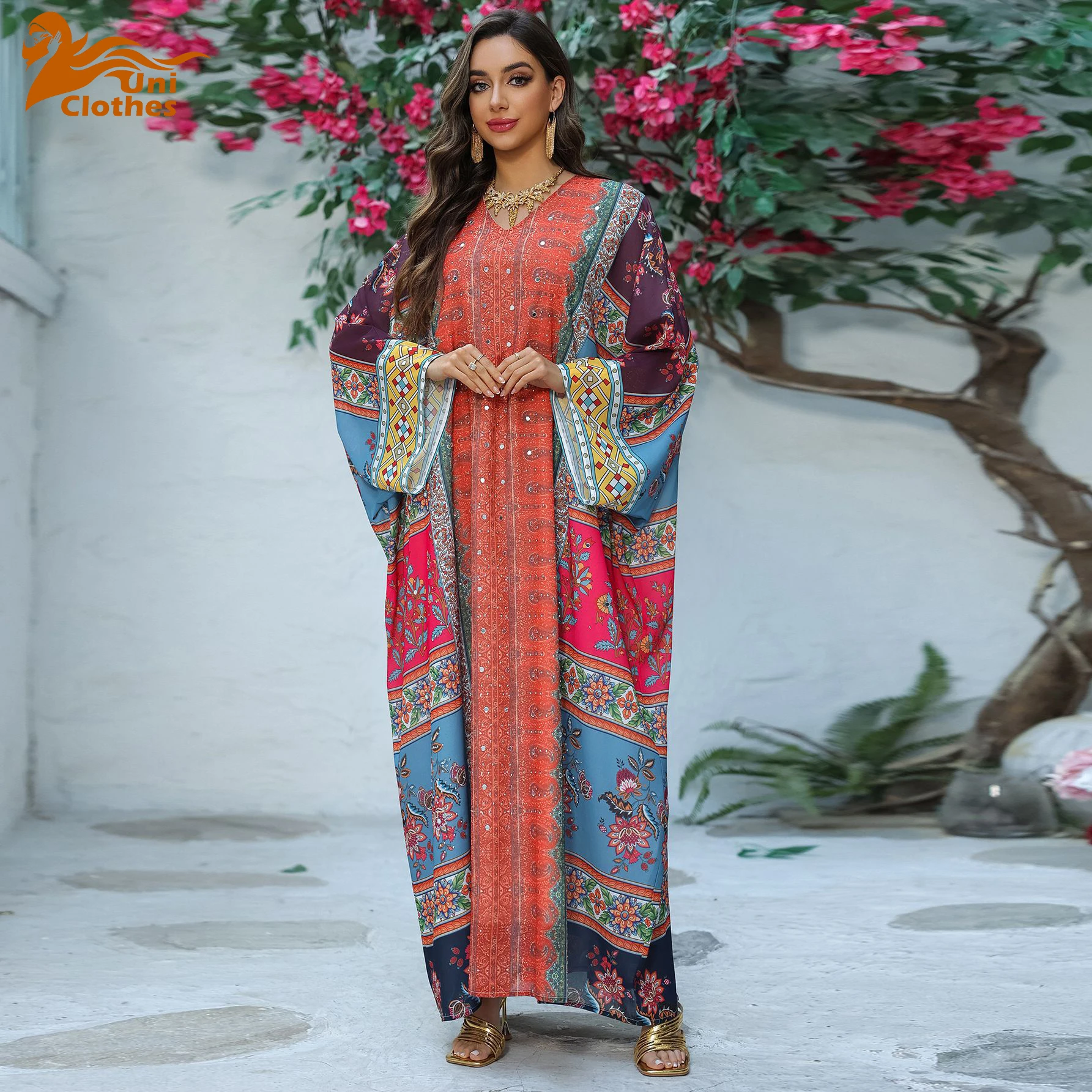 

UNI 2025 Summer Muslim Dress for Women Morocco New Printed Fashion Long Dress Dubai Abaya Eid Ramadan Kaftan Batwing Robe