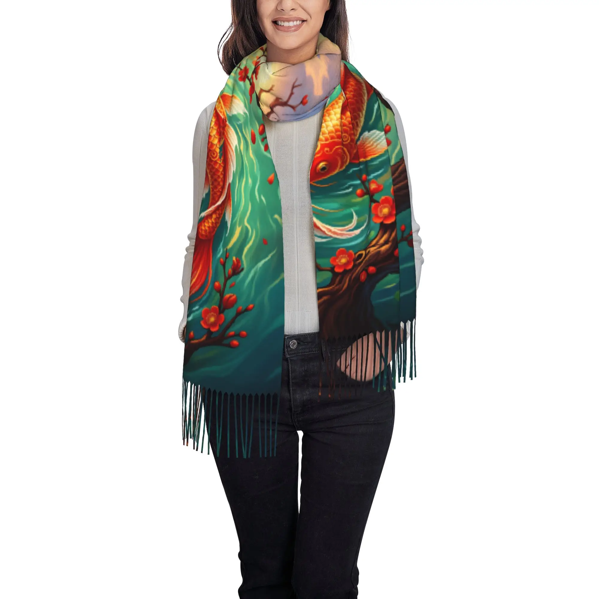 Custom Red Koi Plum Blossom Sunset Feng Shui  Scarf Wrap Women Long Winter Warm Tassel Shawl Unisex  Scarves