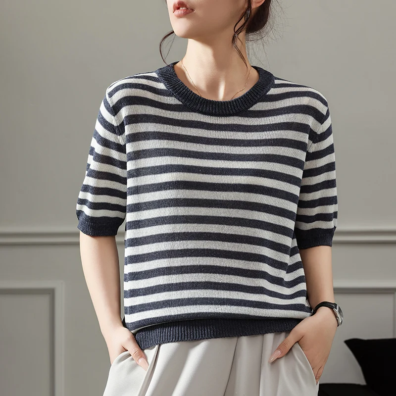 

New women's short sleeved sweater T-shirt fashionable slim fit knit summer women's pullover O-neck T-shirt sweater thin version