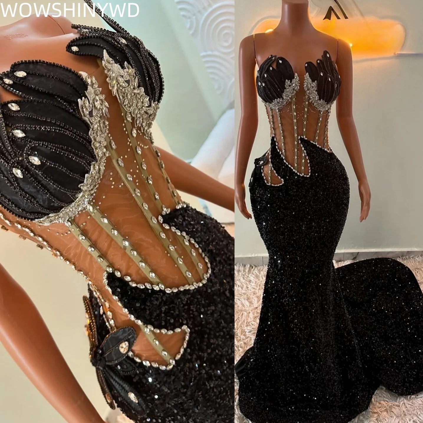 Customized 2025 Black Mermaid Prom Dresses Sequined Rhinestones Beaded Evening Formal Party Birthday Gowns Dresses ZJ159