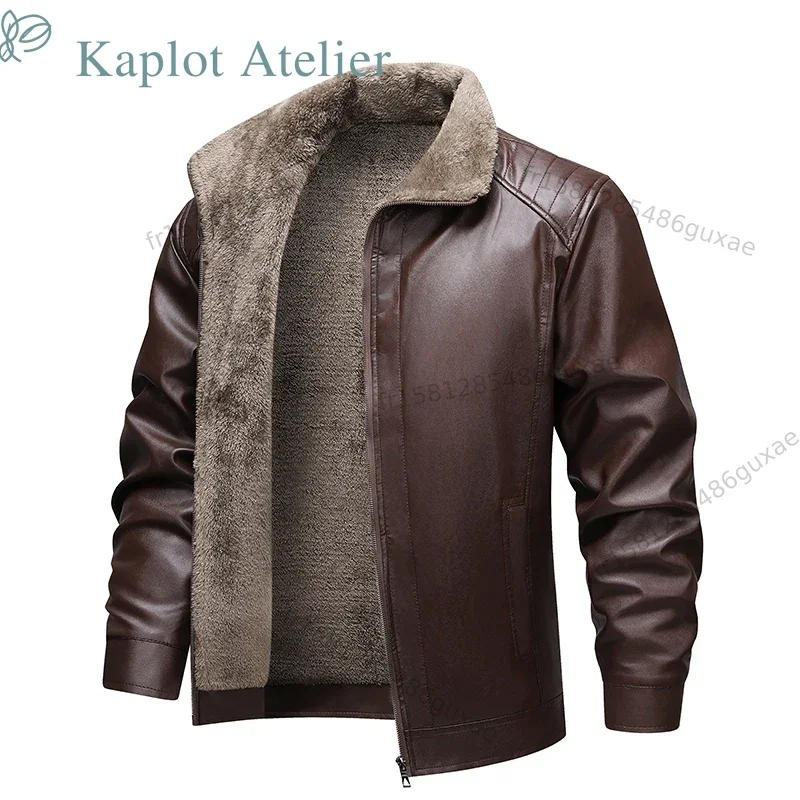 Herren-Motorradjacke aus Kunstleder, Winterjacke mit Fleece-Futter, modische Streetwear, lässige Oberbekleidung, warm gefütterte Jacke aus Kunstleder für Herren, ideal für den täglichen Gebrauch im