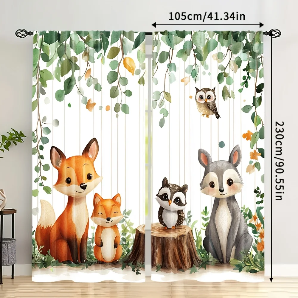 

2 шт. милых мультяшных штор с изображением лисы, совы и других лесных животных для детской комнаты, спальни, для обеспечения приватности и декора, из полиэстеровой ткани, без карниза.