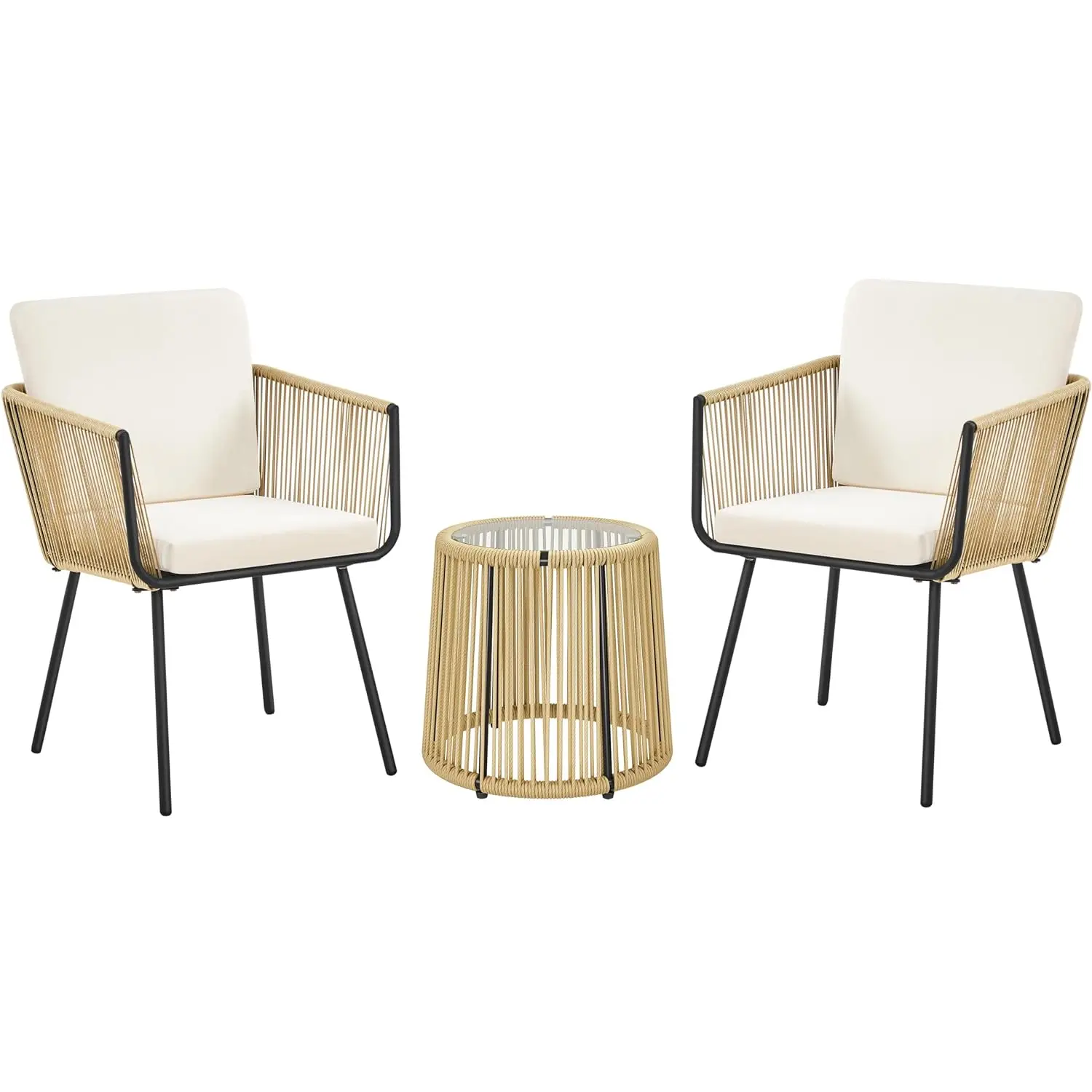 3-Piece Patio Rattan Set, Outdoor PE Wicker Furniture with 2 Chairs & Glass Table & Cushions, Customized