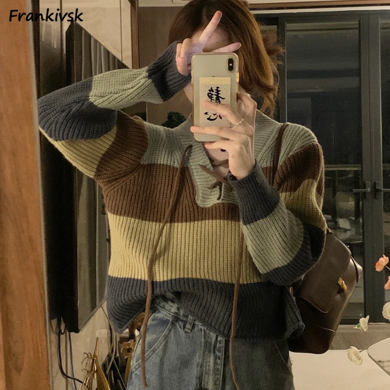 

Panelled Knitted Sweaters Women Baggy Tender Lace-up Design Vintage Warm Cropped Pullovers Hotsweet Soft Versatile Youthful Chic