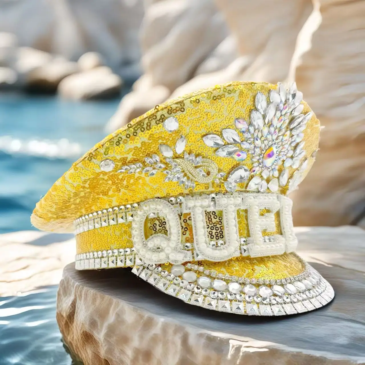 HongLuan QUEEN Captain Hats Rhinestone for Burning Man Festival Woman, Halloween Costume Hat Adult, Cosplay Female Accessories