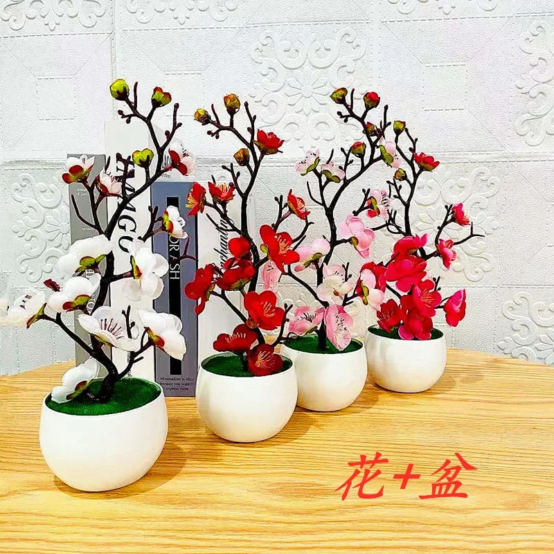 

1pcs Bonsai Simulation Silk Plum Flowers Artificial Pot Plant Home Office Plum Blossom Branch Vases Wedding Home Room Decoration