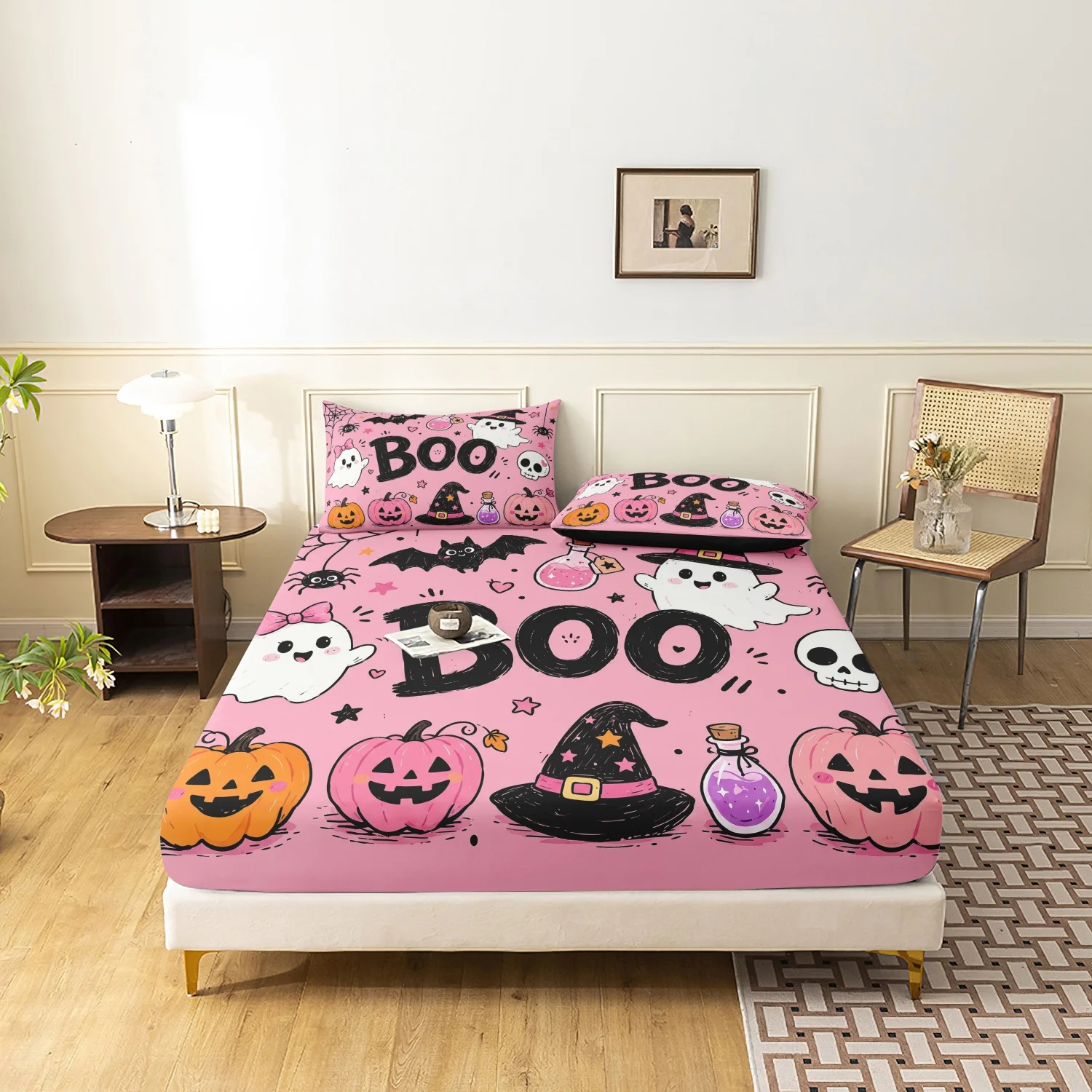  3Pcs Pink Boo Halloween Print Fitted Sheet Set, Cute Ghost Hat Pumpkin Bat Magic Potion Cartoon Pattern Bedding