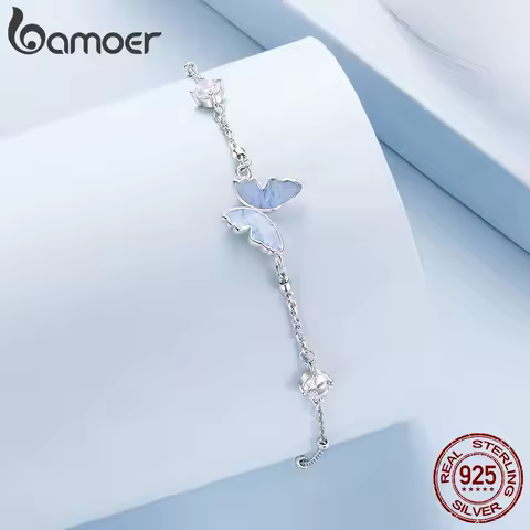 Bamoer 925 Sterling Silver Blue Butterfly Bracelet for Women Girls Adjustable Charm Link with Zircon Birthday Gifts for Daughter