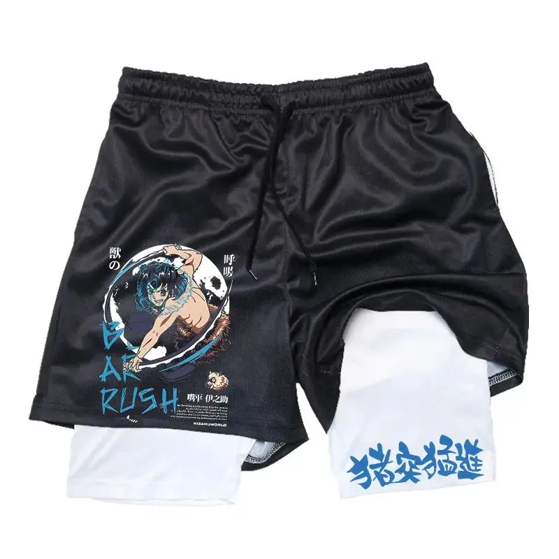 

New Demon Slayer Men's 2-in-1 Shorts cotton blend fitness Gym pants Japanese Anime Double Layer Quick-Drying Sports sweatpants
