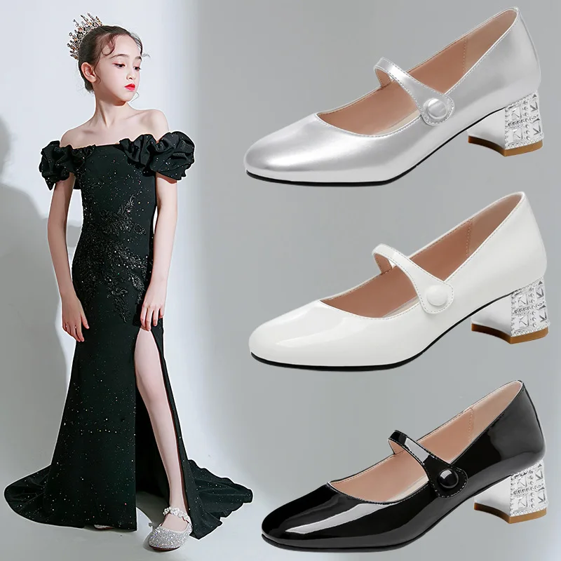 Girls Silver High Heels Fashion Crystal Children's Wedding Dance Party Show Shoe Princess Girls Piano Catwalk with Dress Shoes