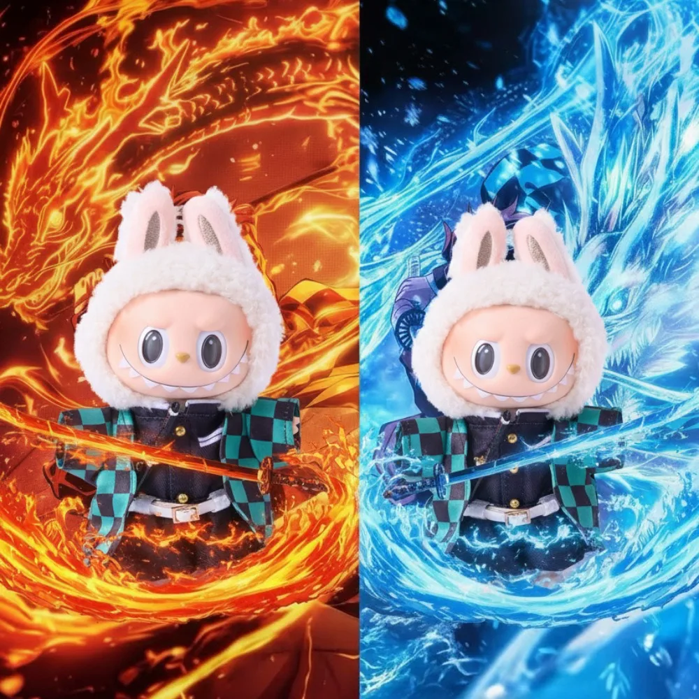 شبح القاتل Labubu الملابس الكرتون Inosuke Zenitsu Tanjirou مجموعة مع سكين عجلة الشمس دمية صغيرة أفخم الملابس والاكسسوارات #3