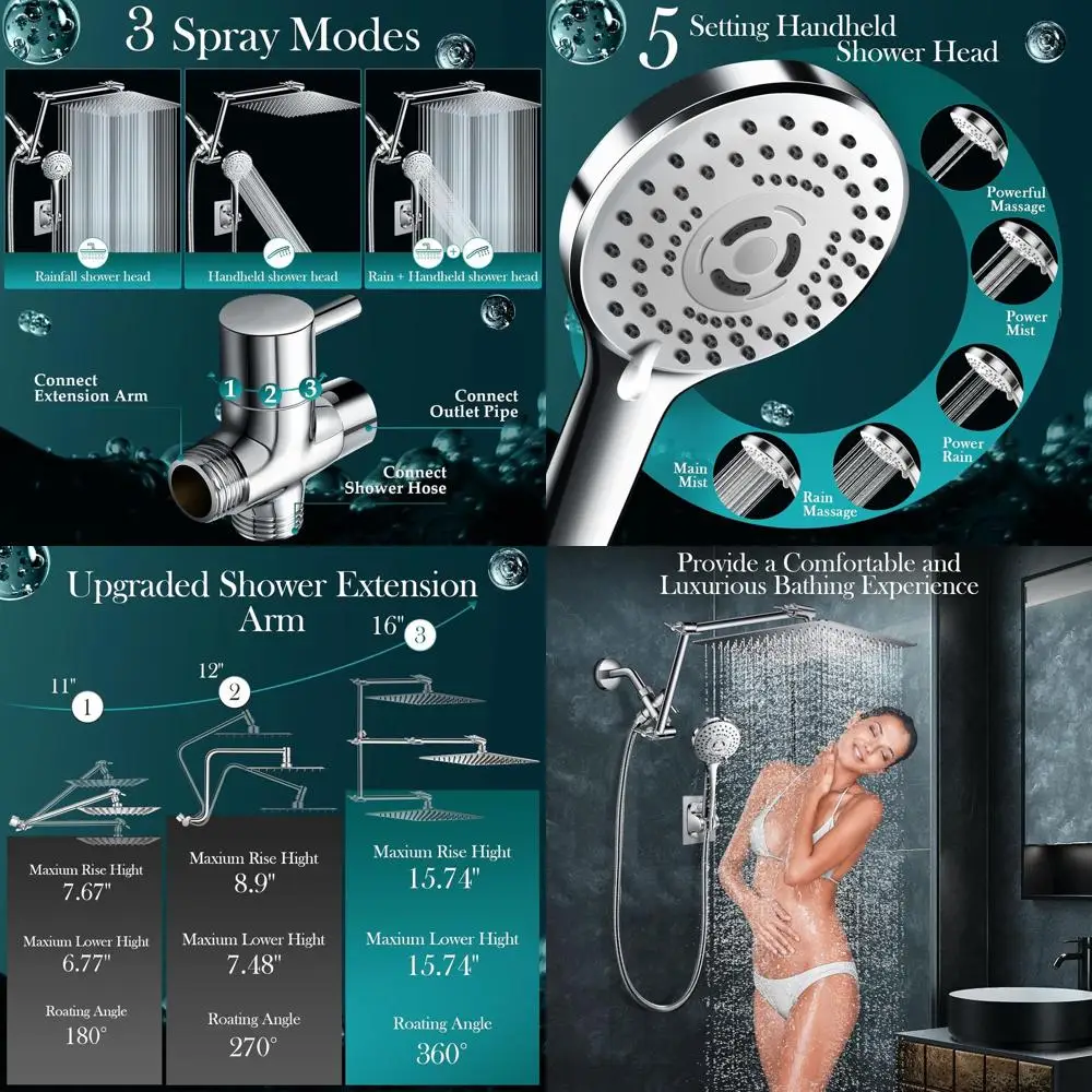 

16 Adjustable High-Pressure Rain Shower Head Combo with 12 Chrome Handheld Sprayer and Extension Arm